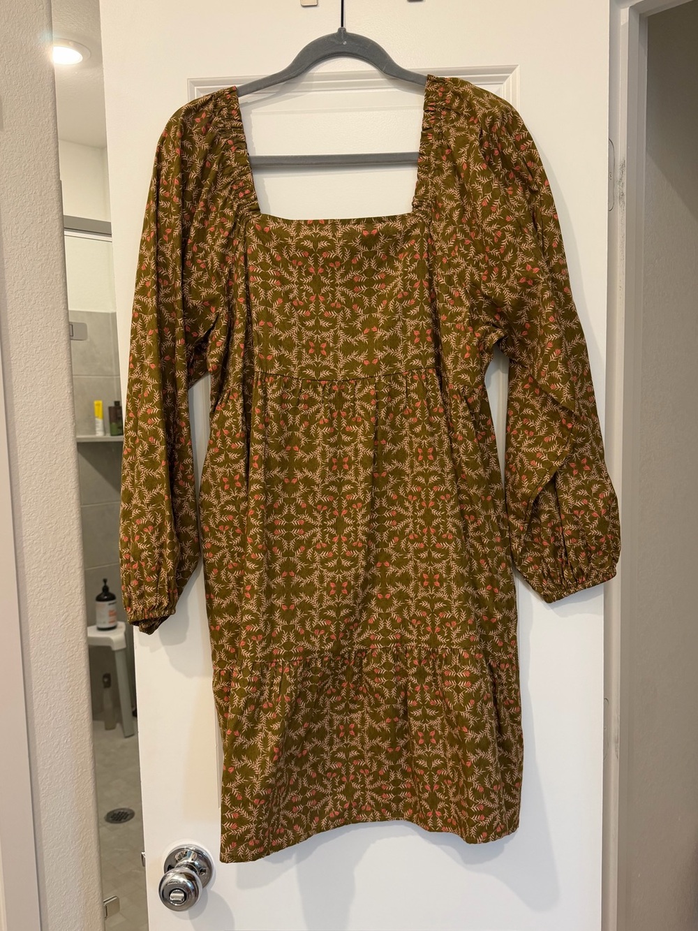 Target Olive Floral Square-Neck Long-Sleeve Dress